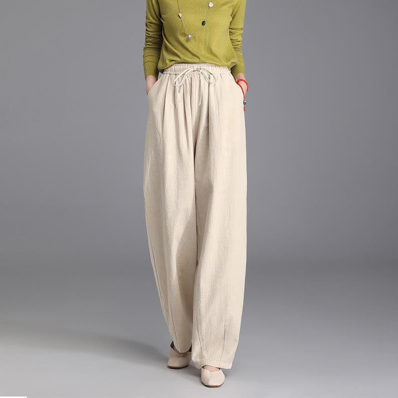 Pantalones casuales vintage de algodón y lino con diseño de zanahoria, con cordón y bolsillos, de Buddha Stones para mujer - image 1