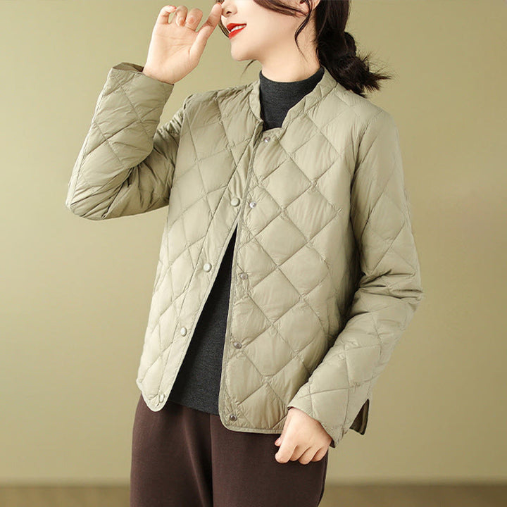 Chaqueta térmica de algodón con diseño acolchado de rombos y manga larga para mujer de Buddha Stones, otoño, con bolsillos - image 21