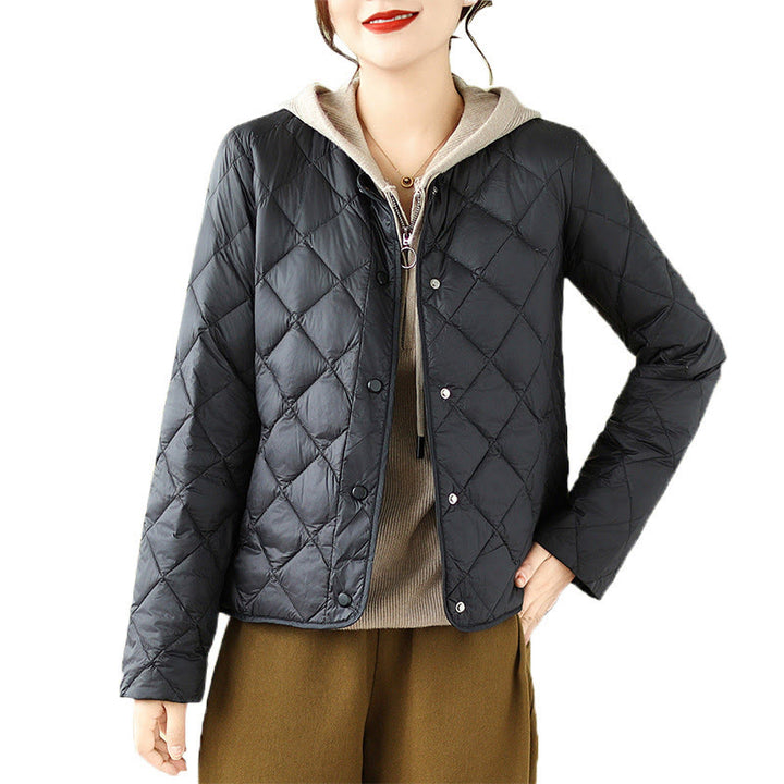 Chaqueta térmica de algodón con diseño acolchado de rombos y manga larga para mujer de Buddha Stones, otoño, con bolsillos - image 19