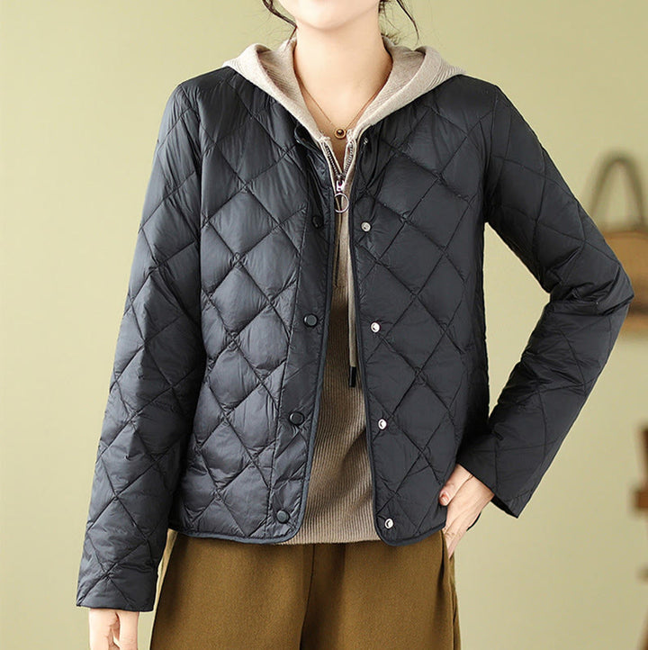 Chaqueta térmica de algodón con diseño acolchado de rombos y manga larga para mujer de Buddha Stones, otoño, con bolsillos - image 17