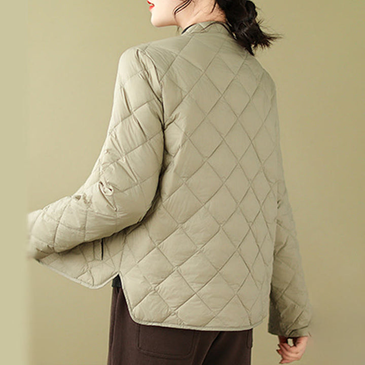 Chaqueta térmica de algodón con diseño acolchado de rombos y manga larga para mujer de Buddha Stones, otoño, con bolsillos - image 22