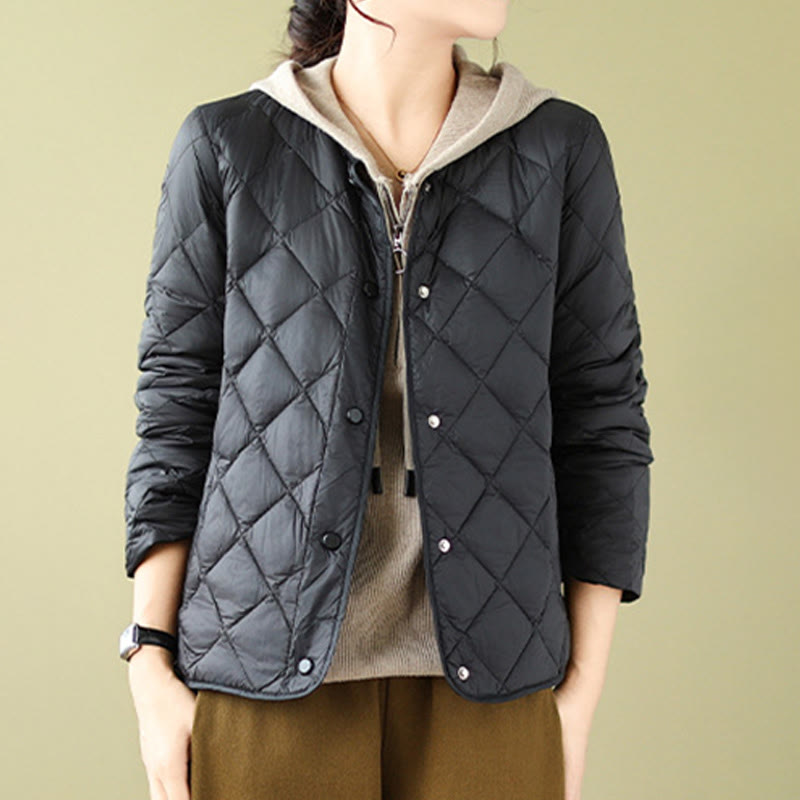 Chaqueta térmica de algodón con diseño acolchado de rombos y manga larga para mujer de Buddha Stones, otoño, con bolsillos - image 15