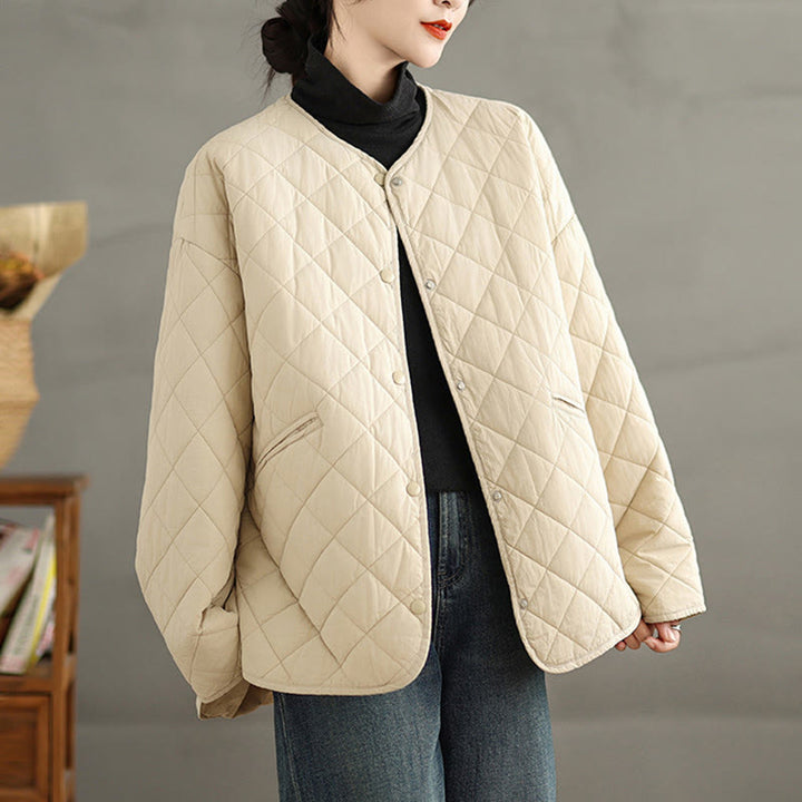 Chaqueta térmica de algodón con diseño de botones y acolchado de rombos para mujer, de Buddha Stones, de manga larga y bolsillos - image 12