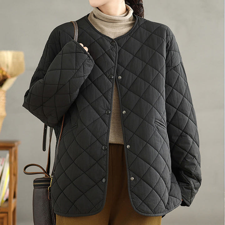 Chaqueta térmica de algodón con diseño de botones y acolchado de rombos para mujer, de Buddha Stones, de manga larga y bolsillos - image 23