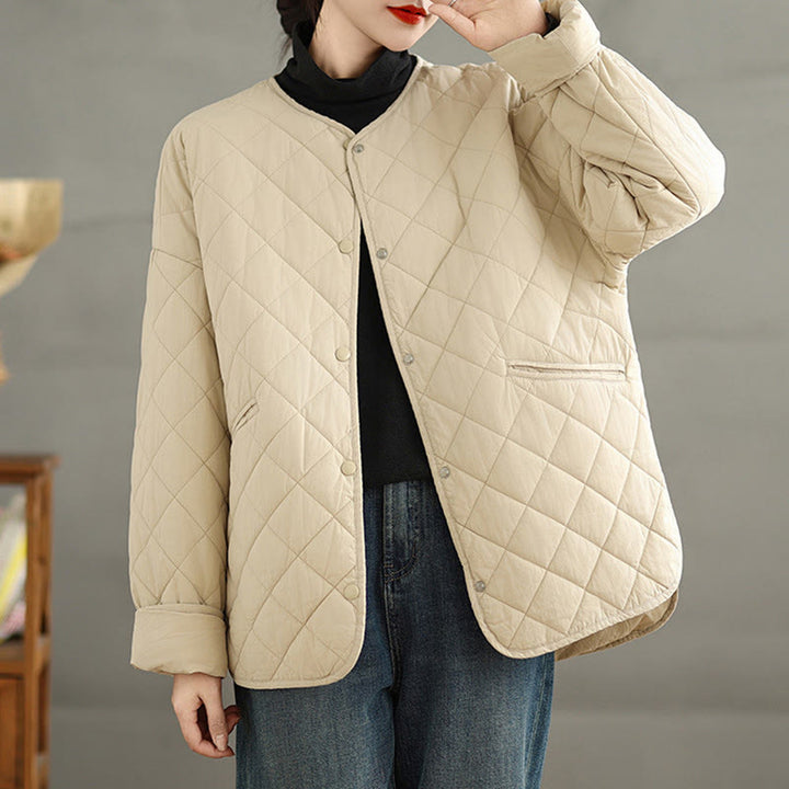 Chaqueta térmica de algodón con diseño de botones y acolchado de rombos para mujer, de Buddha Stones, de manga larga y bolsillos - image 14