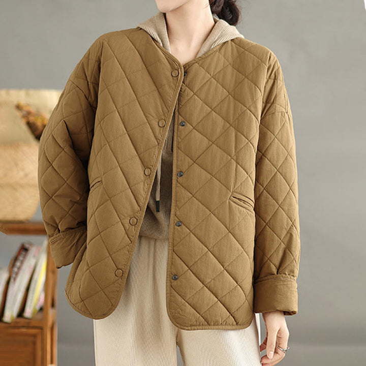 Chaqueta térmica de algodón con diseño de botones y acolchado de rombos para mujer, de Buddha Stones, de manga larga y bolsillos - image 1