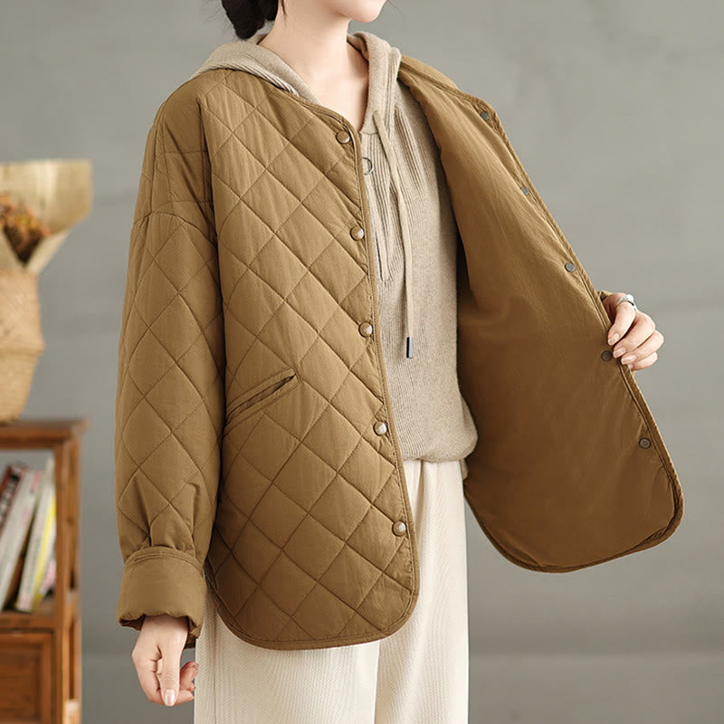 Chaqueta térmica de algodón con diseño de botones y acolchado de rombos para mujer, de Buddha Stones, de manga larga y bolsillos - image 4