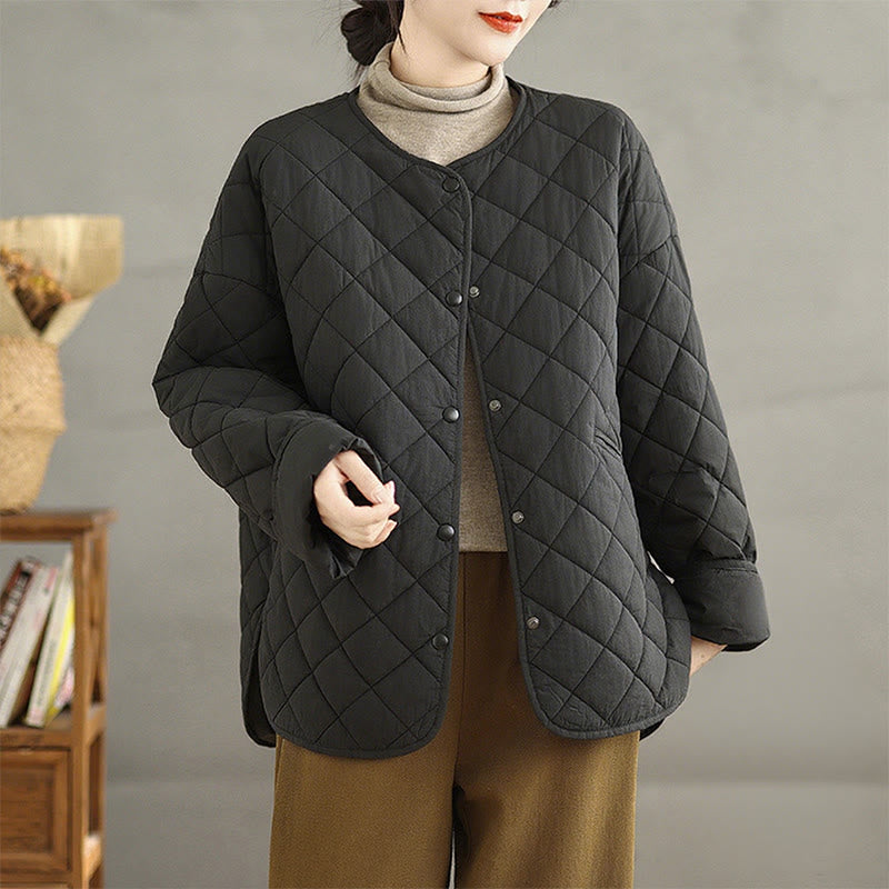 Chaqueta térmica de algodón con diseño de botones y acolchado de rombos para mujer, de Buddha Stones, de manga larga y bolsillos - Negro - US14，UK/AU18，EU46 (2XL) - image 18