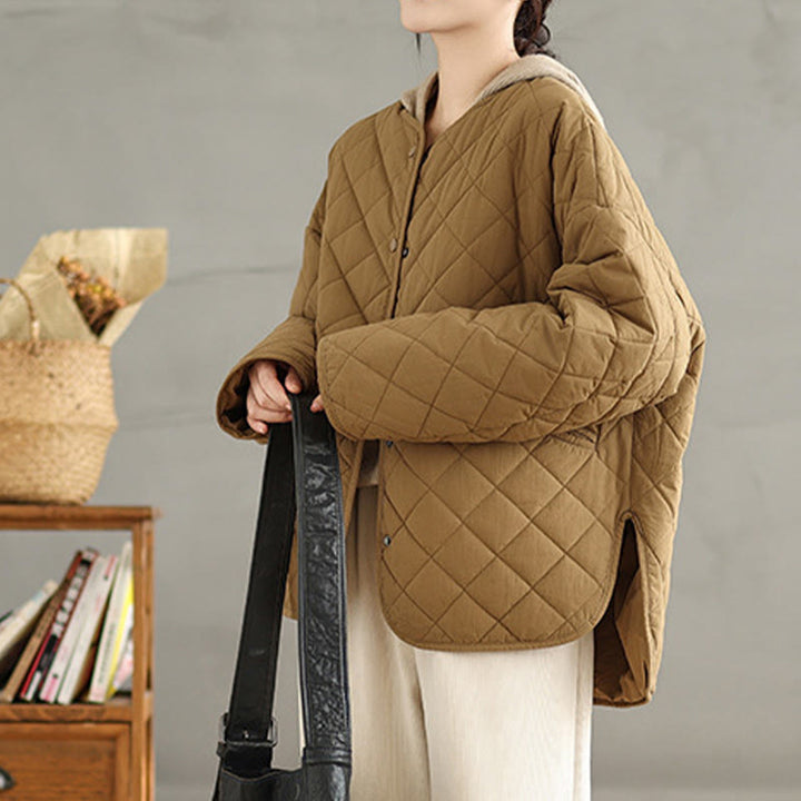 Chaqueta térmica de algodón con diseño de botones y acolchado de rombos para mujer, de Buddha Stones, de manga larga y bolsillos - image 2