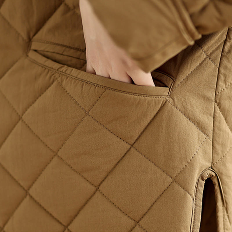 Chaqueta térmica de algodón con diseño de botones y acolchado de rombos para mujer, de Buddha Stones, de manga larga y bolsillos - image 8