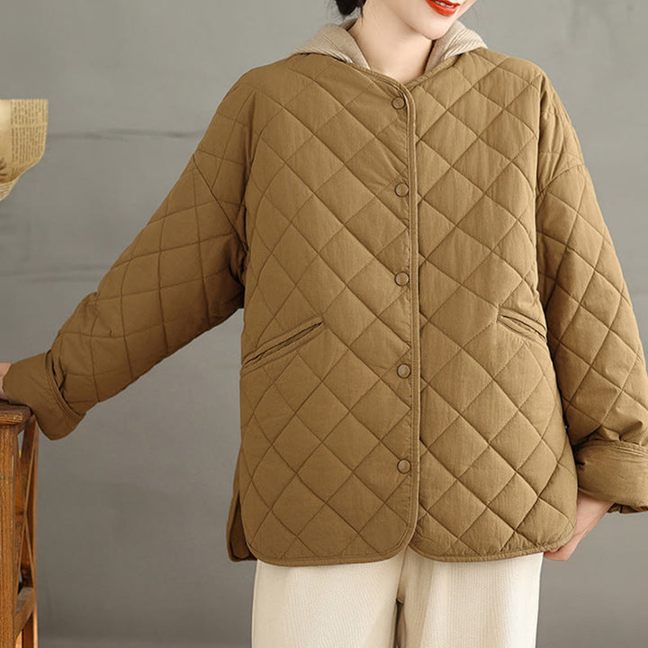 Chaqueta térmica de algodón con diseño de botones y acolchado de rombos para mujer, de Buddha Stones, de manga larga y bolsillos - image 3