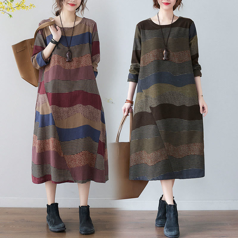 Vestido midi de lino y algodón de manga larga con estampado étnico a rayas y Buddha Stones , con bolsillos - image 0