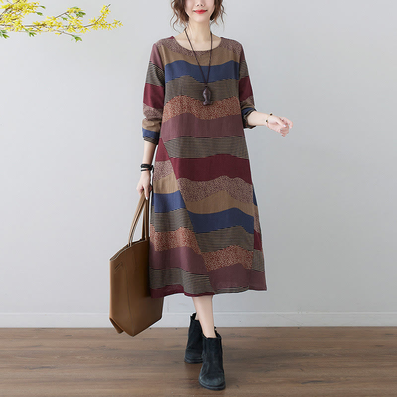 Vestido midi de lino y algodón de manga larga con estampado étnico a rayas y Buddha Stones , con bolsillos - Marrón - US8-10，UK/AU12-14，EU40-42 (2XL) - image 1