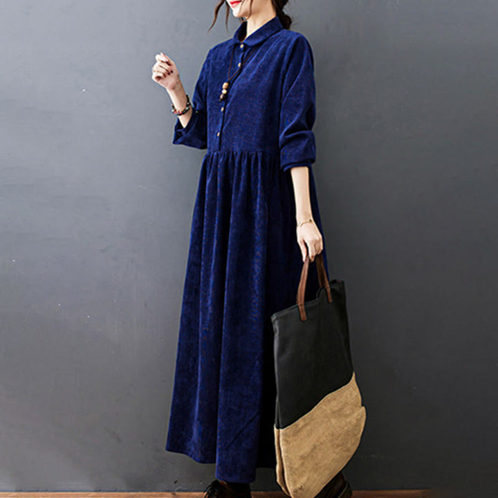 Vestido midi de pana de algodón de manga larga con diseño de Buddha Stones y bolsillos. - image 24