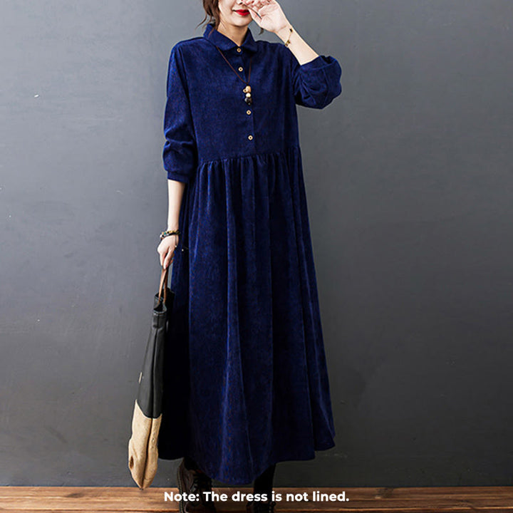 Vestido midi de pana de algodón de manga larga con diseño de Buddha Stones y bolsillos. - image 21