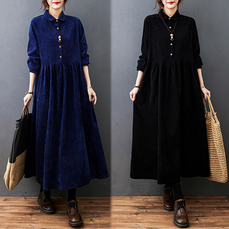 Vestido midi de pana de algodón de manga larga con diseño de Buddha Stones y bolsillos. - image 26