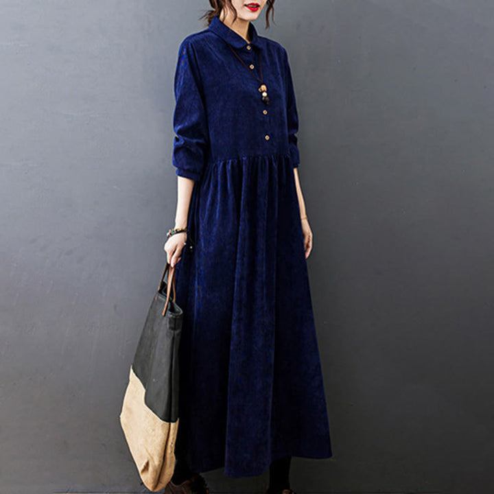 Vestido midi de pana de algodón de manga larga con diseño de Buddha Stones y bolsillos. - image 25