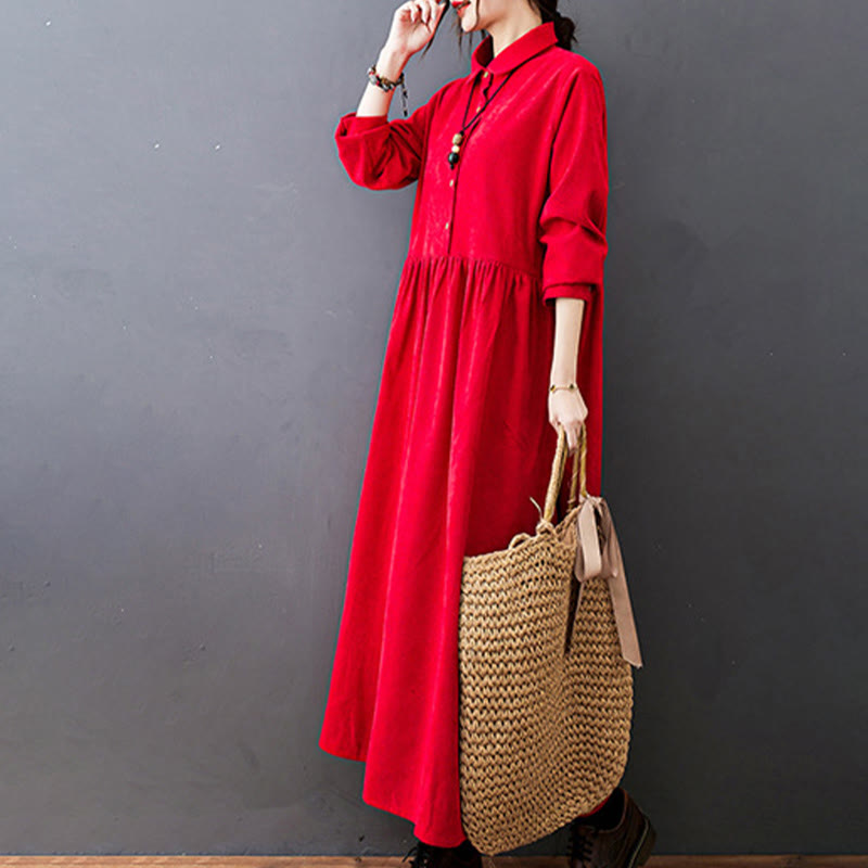 Vestido midi de pana de algodón de manga larga con diseño de Buddha Stones y bolsillos. - image 13