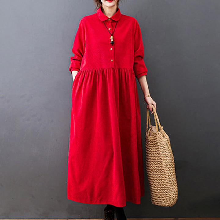 Vestido midi de pana de algodón de manga larga con diseño de Buddha Stones y bolsillos. - image 11