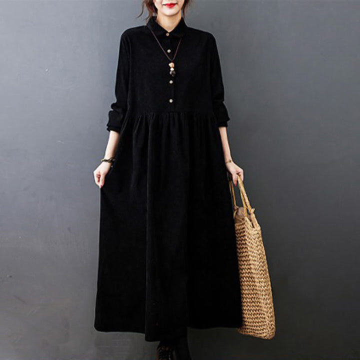 Vestido midi de pana de algodón de manga larga con diseño de Buddha Stones y bolsillos. - Negro - US8-10，UK/AU12-14，EU40-42 (2XL) - image 0