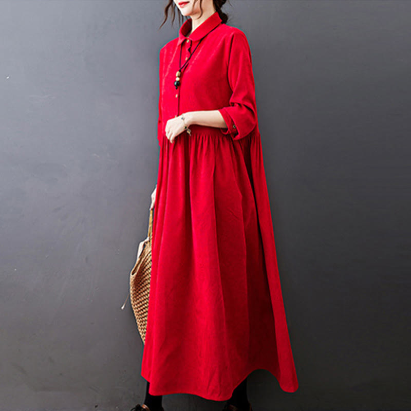 Vestido midi de pana de algodón de manga larga con diseño de Buddha Stones y bolsillos. - image 12