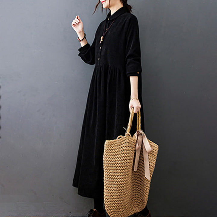 Vestido midi de pana de manga larga con bolsillos, diseño de Buddha Stones y botones otoñales. - image 8