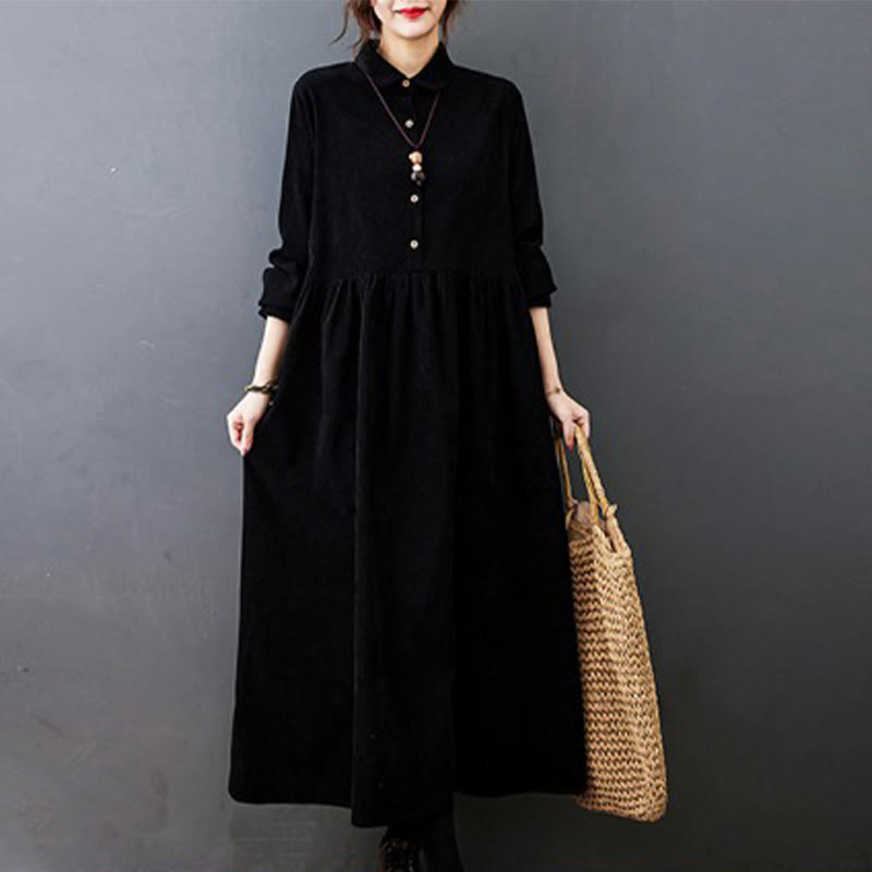 Vestido midi de pana de manga larga con bolsillos, diseño de Buddha Stones y botones otoñales. - Negro - US8-10，UK/AU12-14，EU40-42 (2XL) - image 0