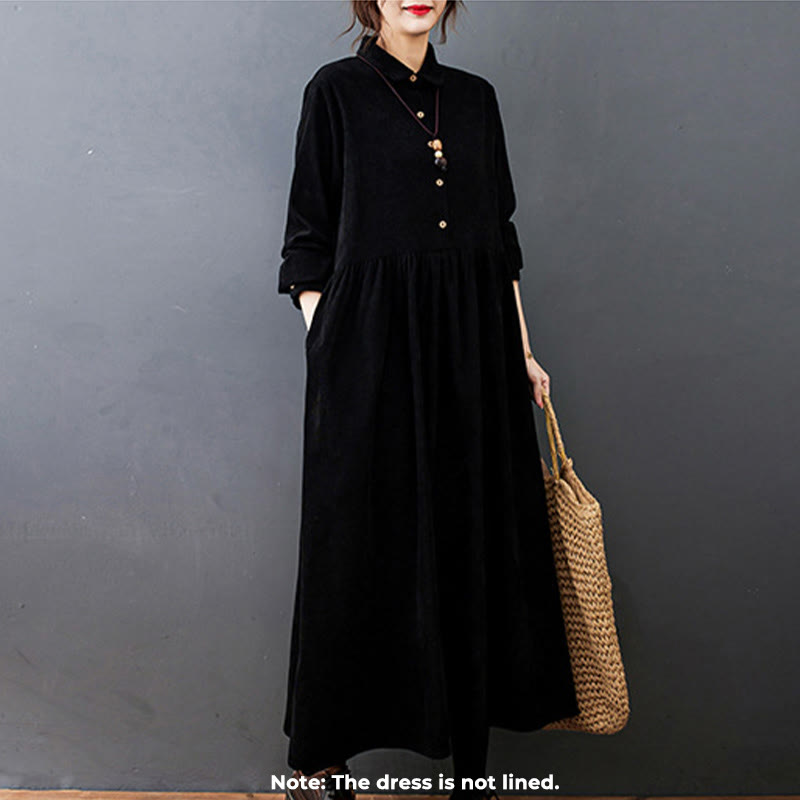 Vestido midi de pana de algodón de manga larga con diseño de Buddha Stones y bolsillos. - image 1