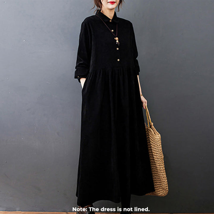 Vestido midi de pana de algodón de manga larga con diseño de Buddha Stones y bolsillos. - image 1