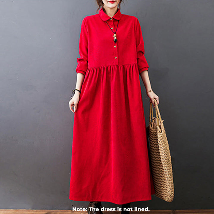 Vestido midi de pana de algodón de manga larga con diseño de Buddha Stones y bolsillos. - image 10