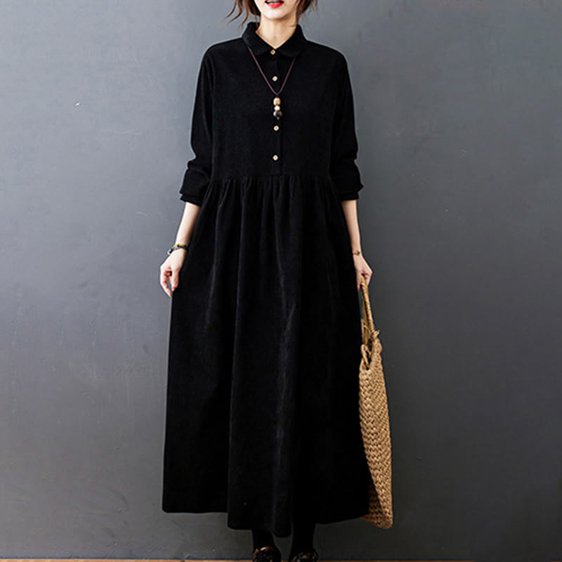 Vestido midi de pana de algodón de manga larga con diseño de Buddha Stones y bolsillos. - image 2