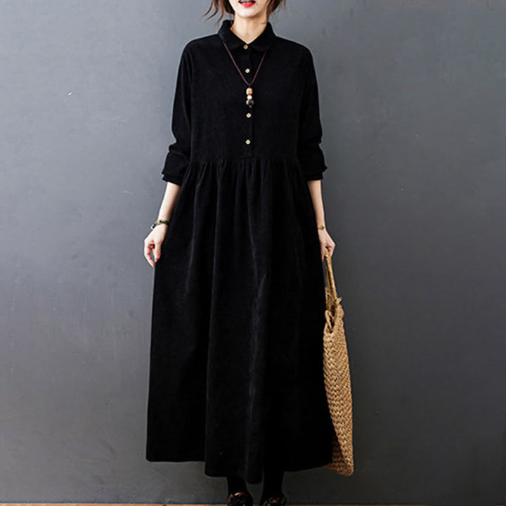 Vestido midi de pana de algodón de manga larga con diseño de Buddha Stones y bolsillos. - image 2