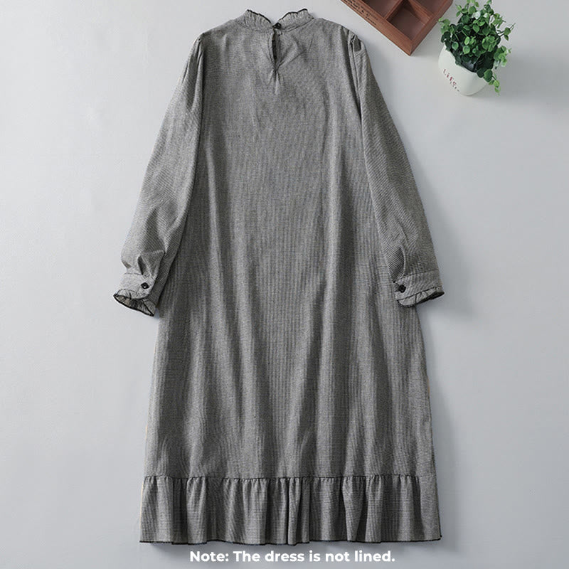 Vestido midi de algodón de manga larga con volantes, estampado a cuadros y bolsillos, plisado y con estampado de Buddha Stones - image 1
