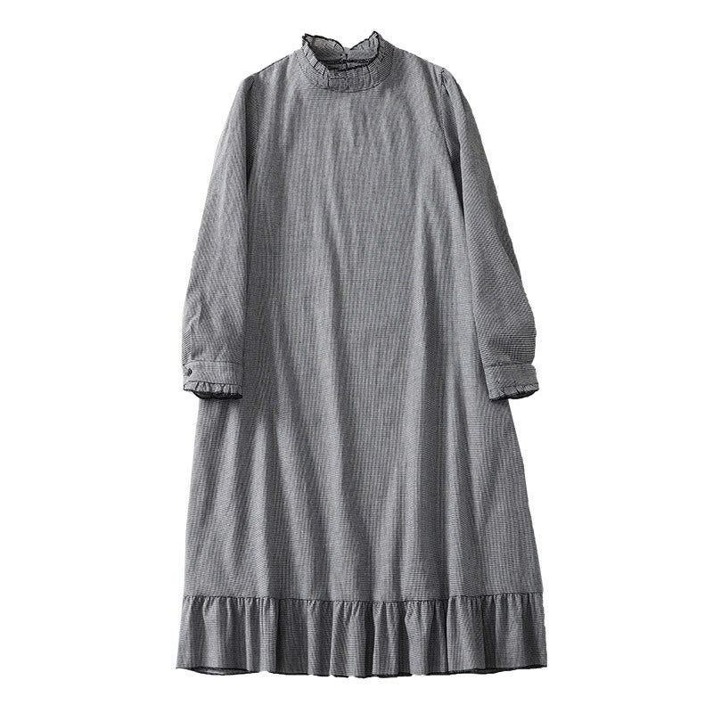 Vestido midi de algodón de manga larga con volantes, estampado a cuadros y bolsillos, plisado y con estampado de Buddha Stones - image 9