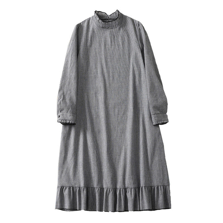 Vestido midi de algodón de manga larga con volantes, estampado a cuadros y bolsillos, plisado y con estampado de Buddha Stones - image 9