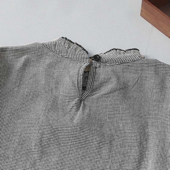 Vestido midi de algodón de manga larga con volantes, estampado a cuadros y bolsillos, plisado y con estampado de Buddha Stones - image 3