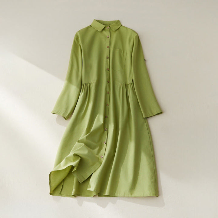 Vestido midi de algodón de manga larga con bolsillos y diseño casual de Buddha Stones para ir al trabajo con botones lisos - AmarilloVerde - US8-10，UK/AU12-14，EU40-42 (2XL) - image 0