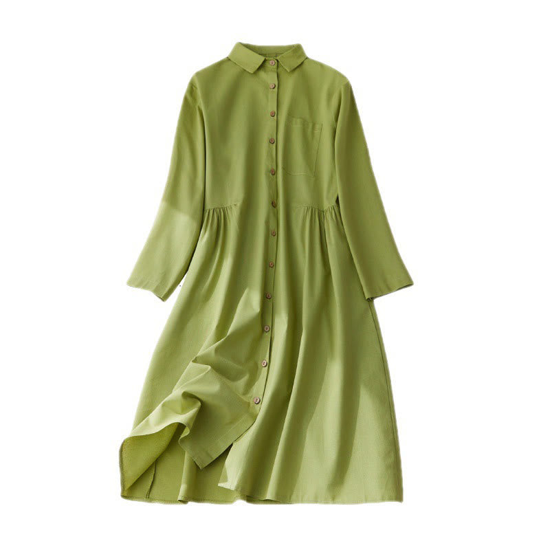 Vestido midi de algodón de manga larga con bolsillos y diseño casual de Buddha Stones para ir al trabajo con botones lisos - image 9