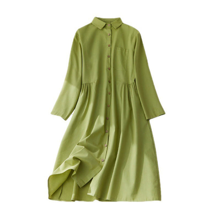 Vestido midi de algodón de manga larga con bolsillos y diseño casual de Buddha Stones para ir al trabajo con botones lisos - image 9