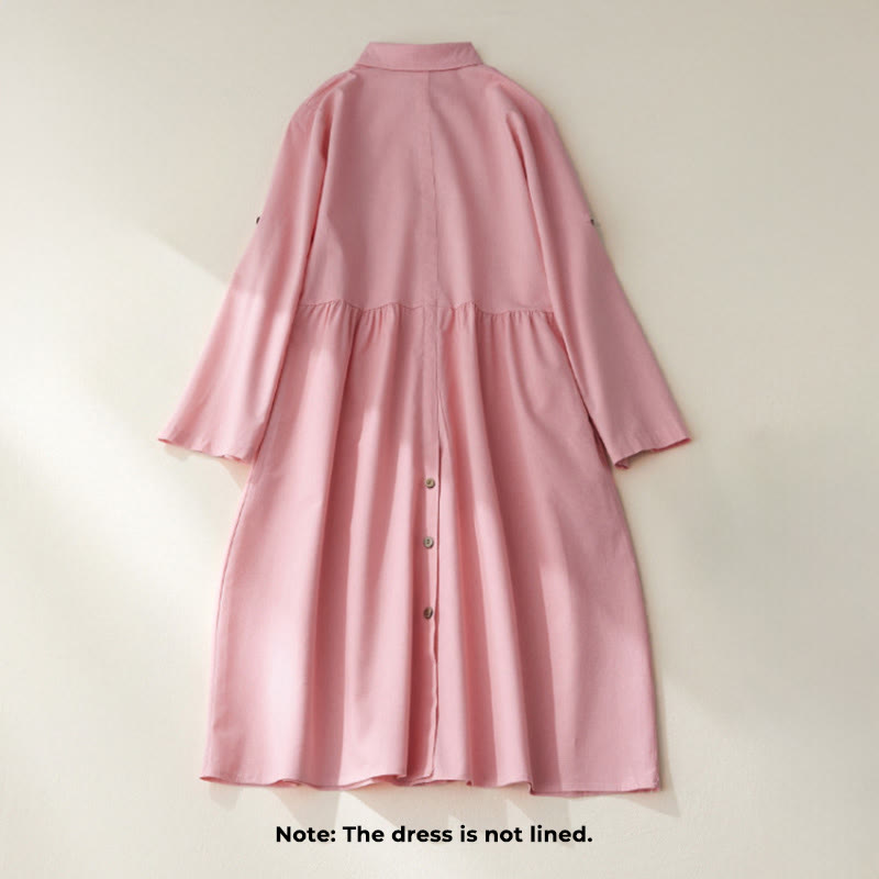 Vestido midi de algodón de manga larga con bolsillos y diseño casual de Buddha Stones para ir al trabajo con botones lisos - image 12