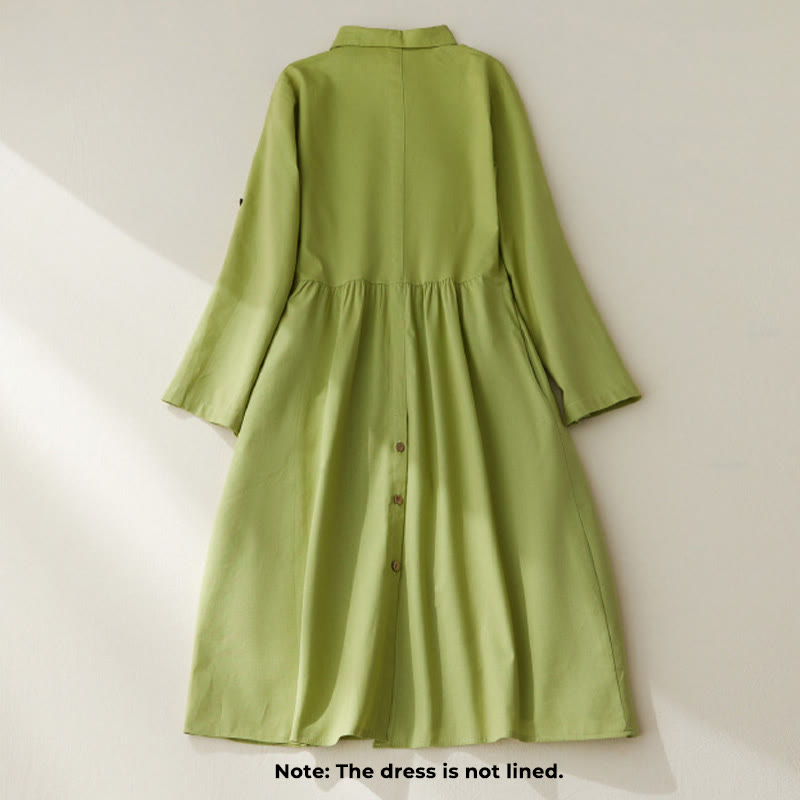 Vestido midi de algodón de manga larga con bolsillos y diseño casual de Buddha Stones para ir al trabajo con botones lisos - image 1