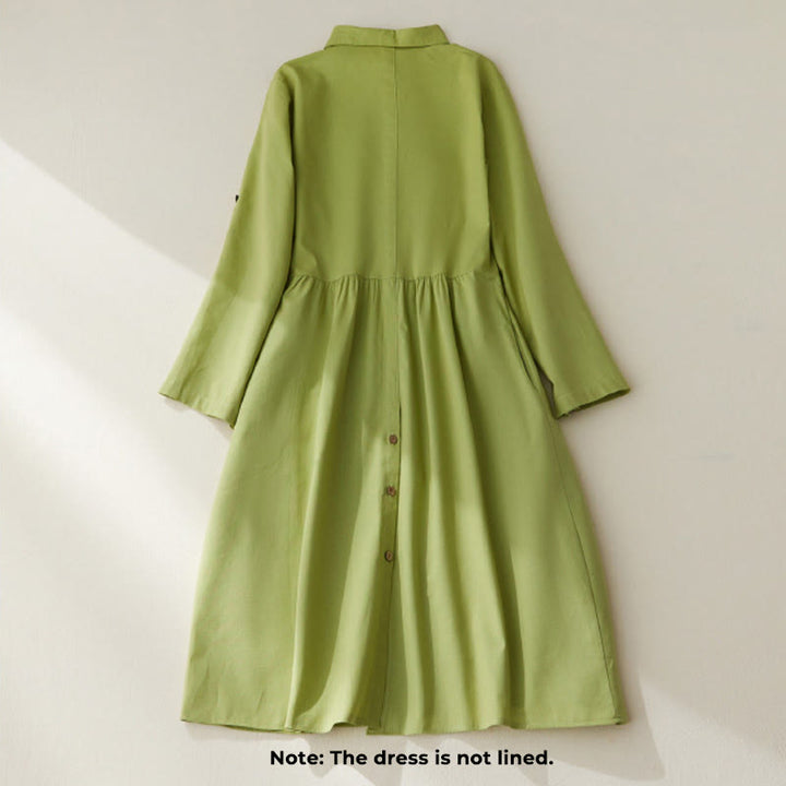 Vestido midi de algodón de manga larga con bolsillos y diseño casual de Buddha Stones para ir al trabajo con botones lisos - image 1