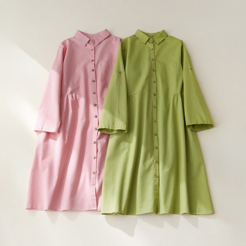 Vestido midi de algodón de manga larga con bolsillos y diseño casual de Buddha Stones para ir al trabajo con botones lisos - image 14