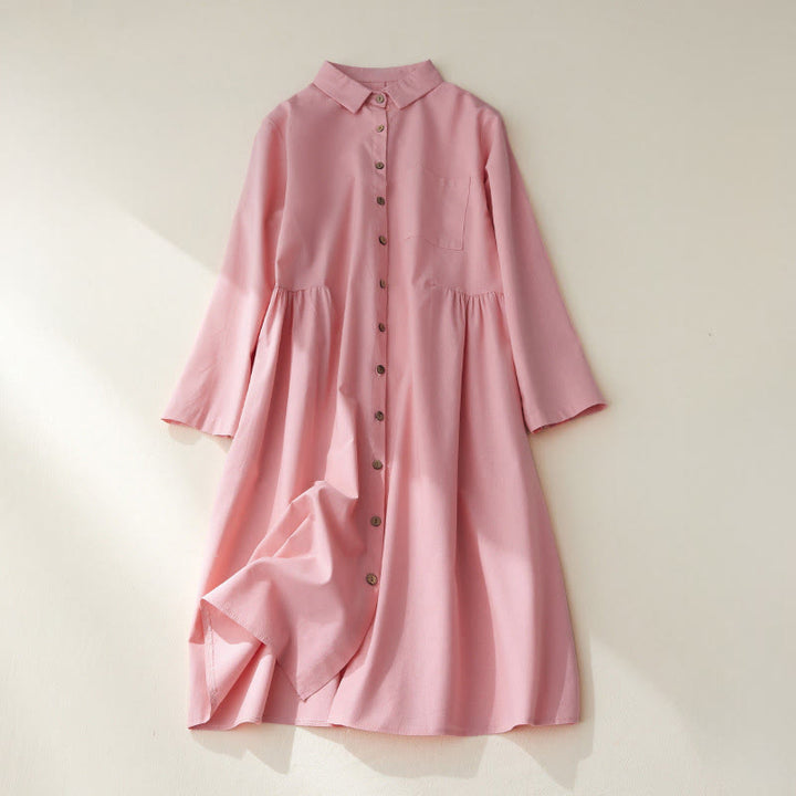 Vestido midi de algodón de manga larga con bolsillos y diseño casual de Buddha Stones para ir al trabajo con botones lisos - Rosa claro - US8-10，UK/AU12-14，EU40-42 (2XL) - image 11