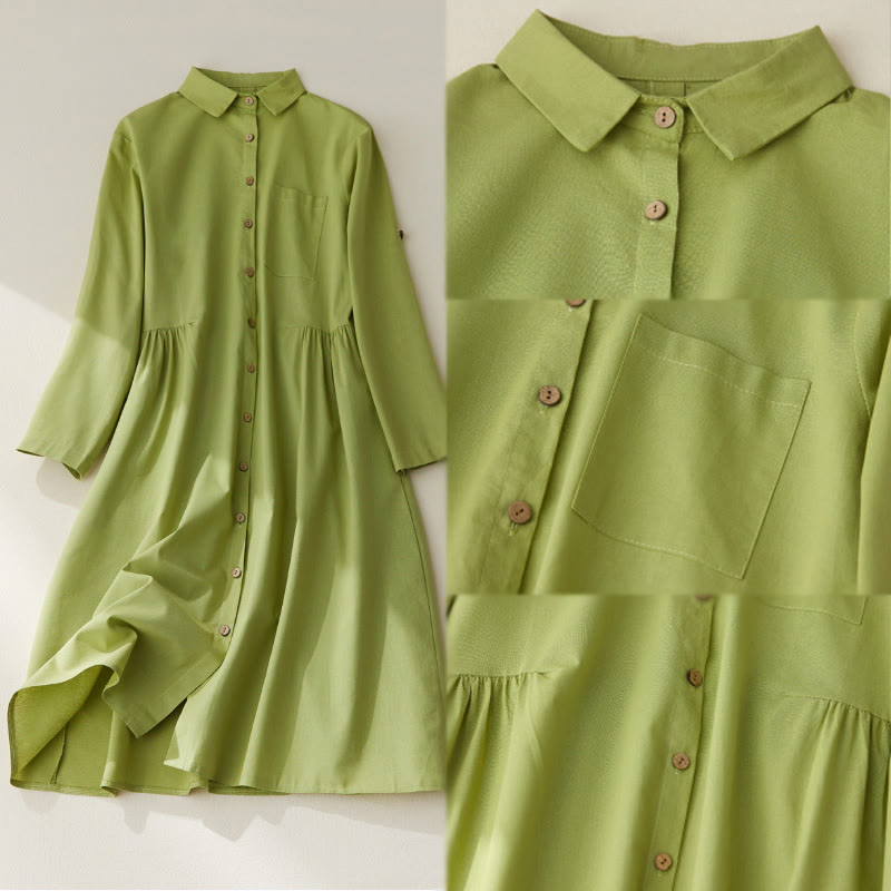 Vestido midi de algodón de manga larga con bolsillos y diseño casual de Buddha Stones para ir al trabajo con botones lisos - image 8