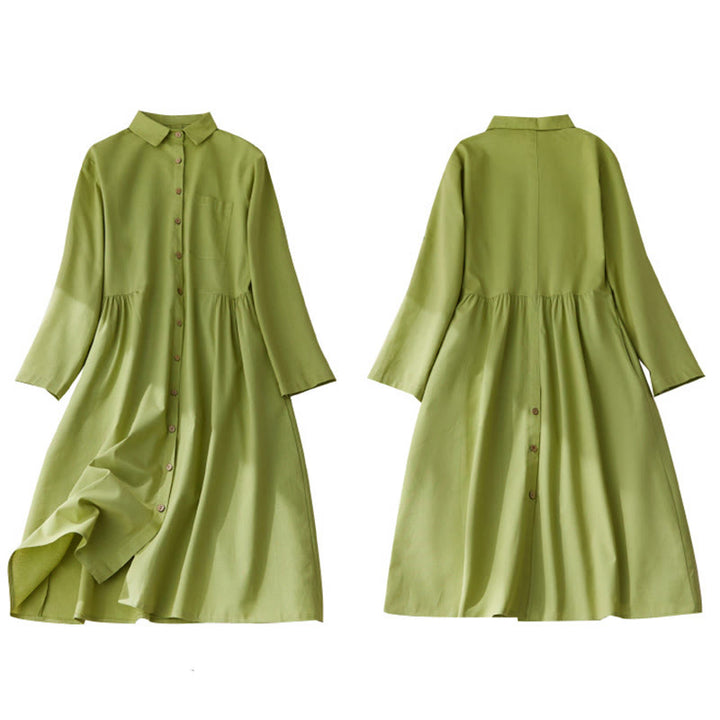Vestido midi de algodón de manga larga con bolsillos y diseño casual de Buddha Stones para ir al trabajo con botones lisos - image 10