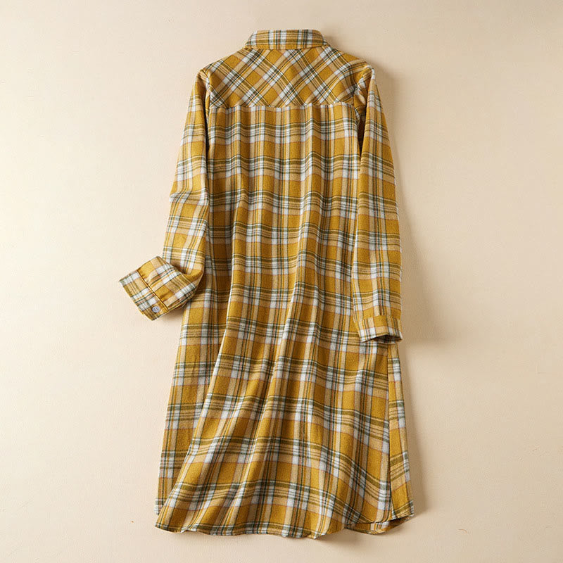Vestido midi de algodón de manga larga con solapa y bolsillos, estampado a cuadros en contraste de colores primaverales y Buddha Stones - Oro - US8-10，UK/AU12-14，EU40-42 (2XL) - image 10