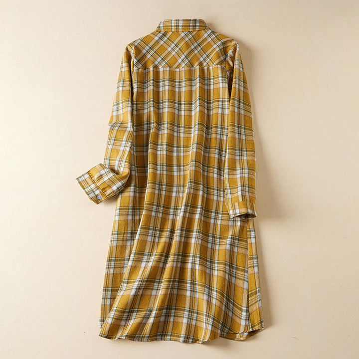 Vestido midi de algodón de manga larga con solapa y bolsillos, estampado a cuadros en contraste de colores primaverales y Buddha Stones - Oro - US8-10，UK/AU12-14，EU40-42 (2XL) - image 10