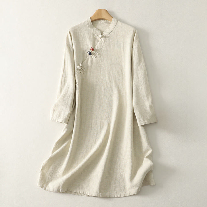 Vestido midi de algodón de manga larga con diseño de rana y cierre diagonal de Buddha Stones Spring - Lino - US12, UK/AU16, EU44 (2XL) - image 6