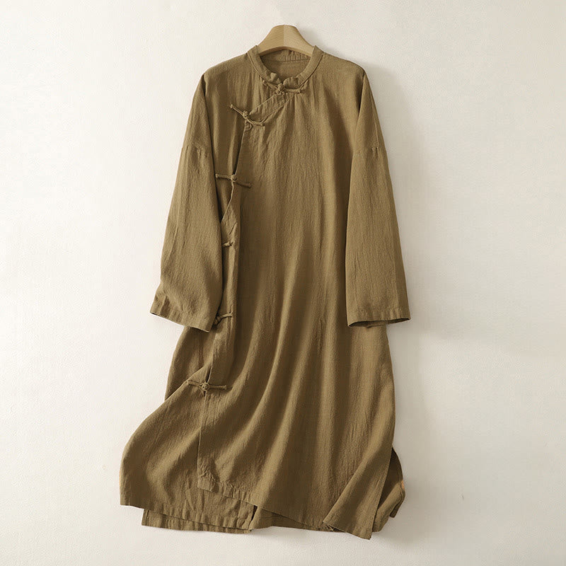 Vestido midi de lino y algodón de manga larga con diseño asimétrico, botones de rana y estilo vintage de Buddha Stones - Vara de oro oscura - US12, UK/AU16, EU44 (2XL) - image 1